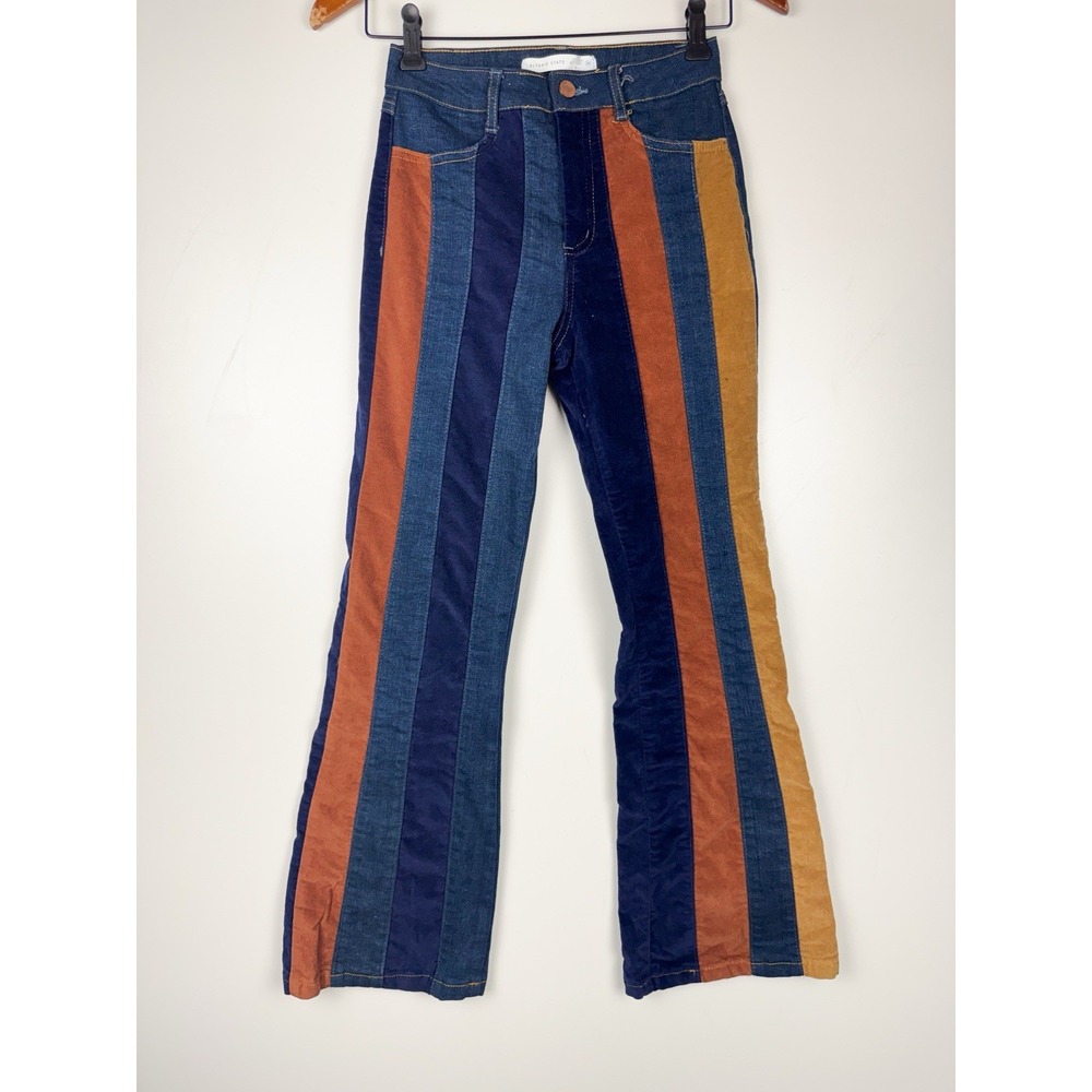 Altar'd State Colorblock Striped Flare Jeans Velvet Denim 70s Boho Pants 25